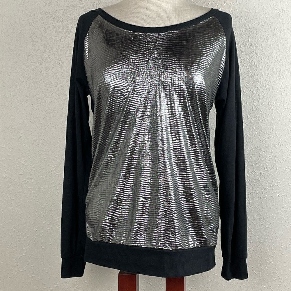 Pre-Loved Vanity Black and Metallic Silver Long Sleeve Sweatshirt Top Size L